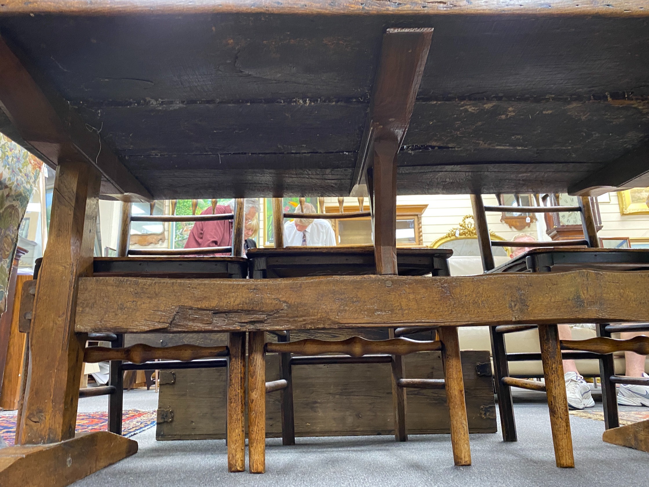 An antique oak refectory dining table, length 162cm, width 82cm, height 74cm